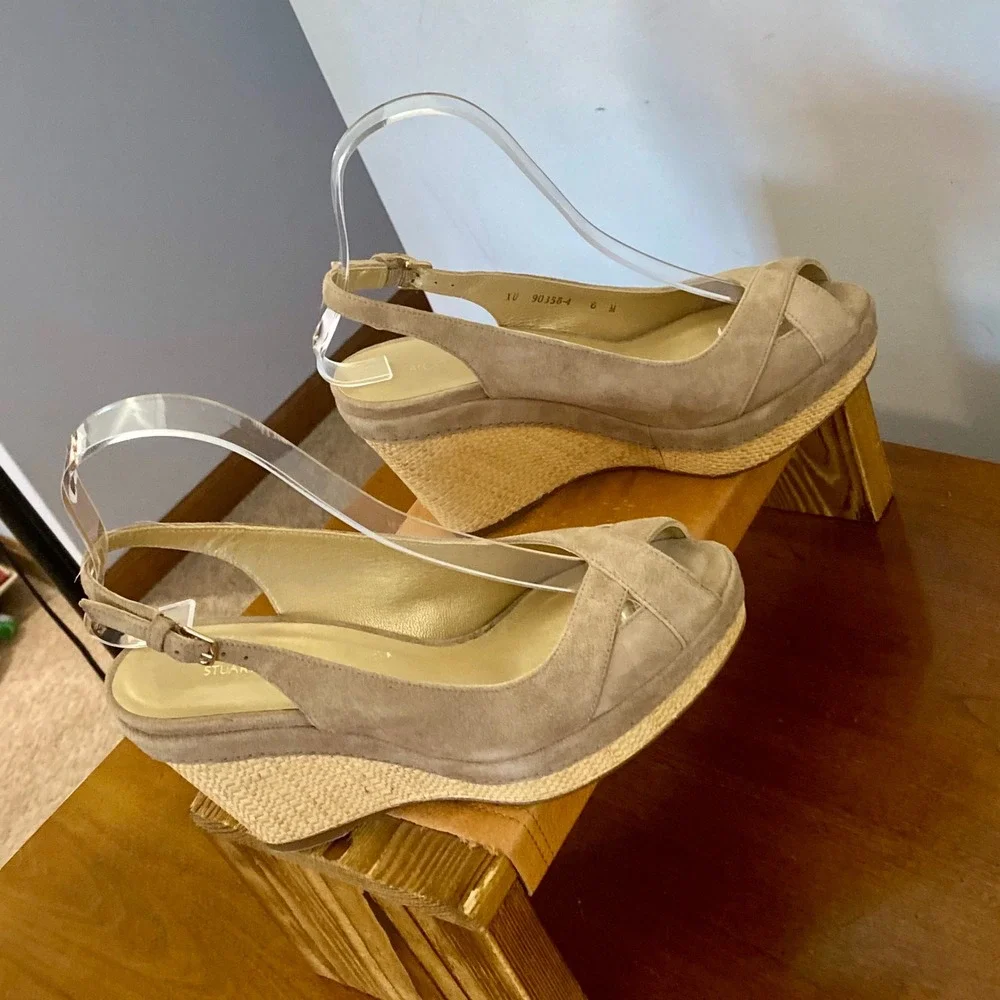 Stuart Weitzman Jean Taupe Suede Slingback Wedge Sandals Womens Sz 6 M Platform